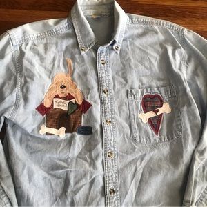 vintage Chambray dog shirt embroidered M oversized country folk y2k puppies